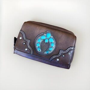 Justin Brand Brown‎ Leather Turquoise Naja Concho Zip Around Wristlet Wallet